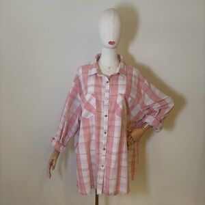 White Birch Pink & White Plaid Linen Blend Button Down Shirt 3XL